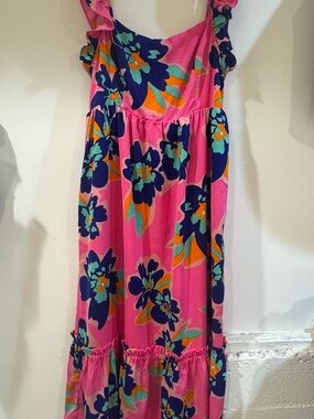 eesome Pink Floral Midi Dress with Navy & Teal Accents